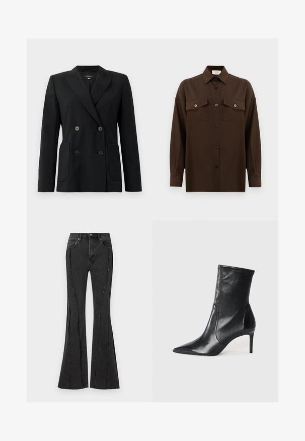 Blazer negru cu două rânduri de nasturi, realizat dintr-un material structurat, având rever cu decupaj, două buzunare frontale și patru nasturi negri.; Cămașă lungă, cu mâneci lungi, de culoare maro închis, cu două buzunare frontale cu clapetă și guler clasic, expusă pe un fundal alb simplu.; Jeans din denim negri cu fason evazat, cu un design uzat și detalii de cusătură vizibile. Au cinci buzunare și închidere cu nasture la talie.; Bocanci negri până la gleznă, din piele netedă, cu vârf ascuțit, arbore ajustat și toc subțire înalt. Design minimalist, fără hardware vizibil.