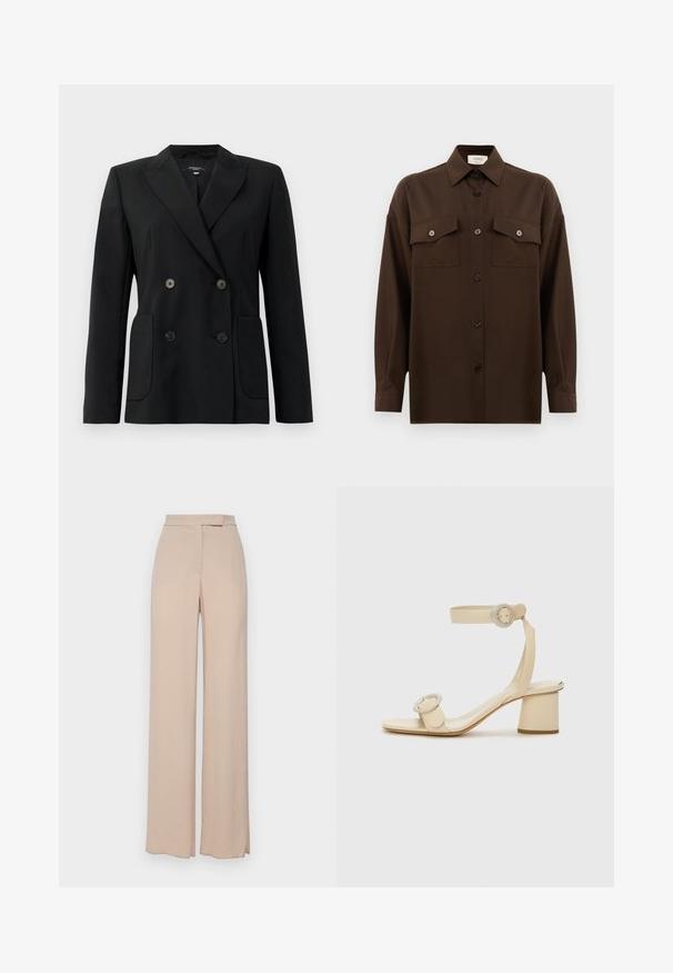 Melnā dubultā jaciņa, kas izgatavota no strukturēta auduma, ar griezumiem pie apkakles, divām priekšējām kabatām un četriem melniem pogām.; Tumši brūns garām piedurknēm pogājams krekls ar diviem kabatām uz krūtīm un klasisku apkakli, attēlots uz vienkārša baltā fona.; Bežīgas plaša piegriezuma bikses, kas izgatavotas no viegla auduma. Tām ir gluda tekstūra, priekšējās kabatas un nemanāms jostas dizains.; Beige kurpes ar papēdi, kvadrātveida purngala, regulējams potītes siksniņa un divi apaļi sprādzes akcenti. Gluda ādas tekstūra un kvadrātveida papēdis.