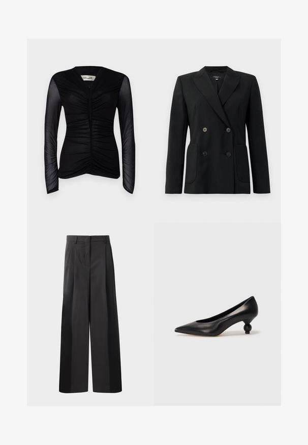 Black double-breasted blazer made of structured fabric, featuring notch lapels, two front pockets, and four black buttons.; Black long-sleeve top with a ruched front design, made of lightweight fabric. Features sheer sleeves and a V-neckline.; Black wide-leg trousers with a high waist, featuring front pleats, a smooth texture, and a tailored finish. Designed for a relaxed fit.; Black leather high heel shoe with a pointed toe and a round, balled heel. Smooth texture with a sleek, minimal design.