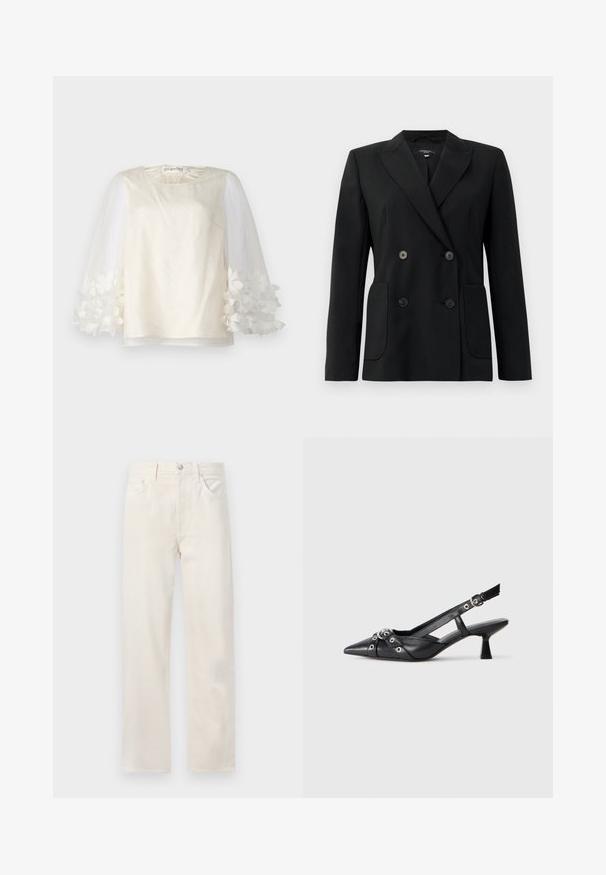 Černý dvouřadý blazer vyrobený z pevných tkanin, s klopovými límci, dvěma předními kapsami a čtyřmi černými knoflíky.; Bílý top s hladkým materiálem a tečkovanou texturou, průsvitnými nabíranými rukávy zdobenými květinovými aplikacemi a kulatým výstřihem.; Krémové džínové kalhoty rovného střihu s pěti kapsami, poutky na opasek a zapínáním na knoflík a zip v pase.; Černé kožené slingback boty s špičatou špičkou, dekorativními pásky s kovovými očky a nízkým blokovým podpatkem. Texturovaný povrch.