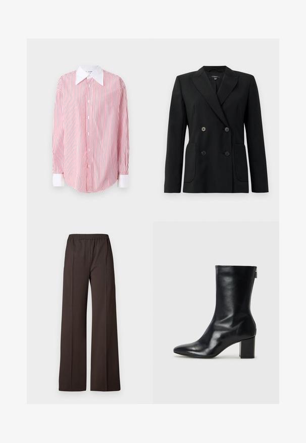 Čierny dvojradový blejzer vyrobený z pevnej látky, s klopami, dvoma prednými vreckami a štyrmi čiernymi gombíkmi.; Červená a biela pruhovaná košeľa na gombíky s veľkým bielym golierom, dlhými rukávmi a zaobleným spodným okrajom. Hladká textúra látky.; Široké nohavice v tmavohnedej látke s elastickým pásom, s hladkou štruktúrou a čistými líniami pre upravený vzhľad.; Čierne kožené členkové topánky s špicatou špičkou a blokovým podpätkom vysokým 4 cm. Elegantný dizajn obsahuje bočný zips pre jednoduché obúvanie. Hladká textúra.