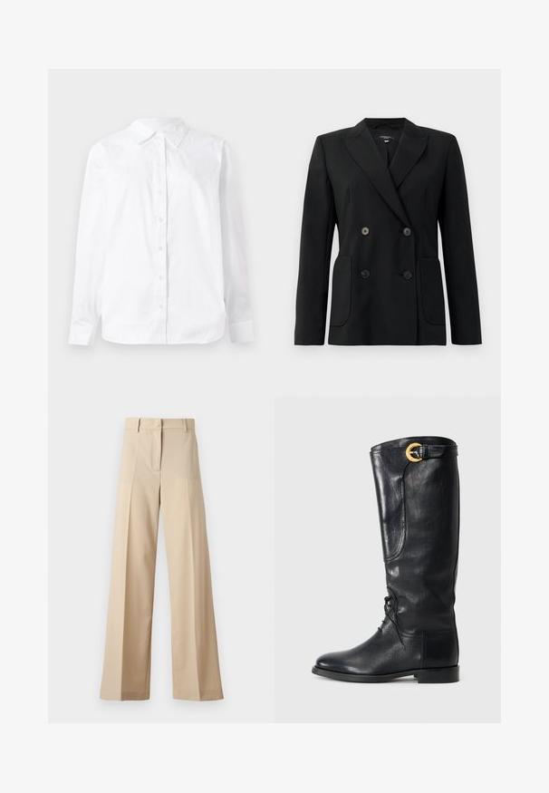 Black double-breasted blazer made of structured fabric, featuring notch lapels, two front pockets, and four black buttons.; White long-sleeve button-up shirt made of cotton, featuring a pointed collar and a straight fit with a smooth texture.; Beige wide-leg trousers made of smooth fabric, featuring a flat front with pleats, a zip fly, and belt loops. Tailored fit overall.; Black leather knee-high boot with a rounded toe, lace-up front, side detail, and a gold accent buckle at the top. Smooth texture.