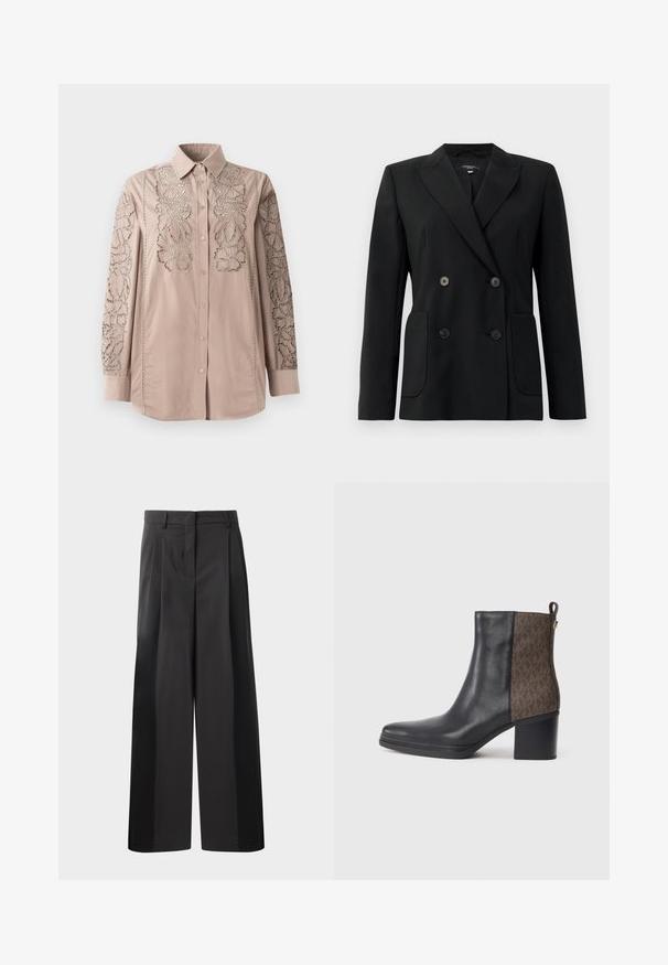 Zwarte dubbelgebreide blazer van gestructureerde stof, met notch revers, twee voord pockets en vier zwarte knopen.; Lichtbeige overhemd met knopen, voorzien van ingewikkelde kantachtige bloemenborduursels op de mouwen. Zachte stof met gestructureerde kraag en lange mouwen.; Zwarte wijde broek met hoge taille, met voorplooien, een gladde textuur en een nette afwerking. Ontworpen voor een ontspannen pasvorm.; Zwarte leren enkellaars met een gestructureerd bruin patroon aan de zijkant, een blokhak en een lus voor gemakkelijke aan- en uittrekken.