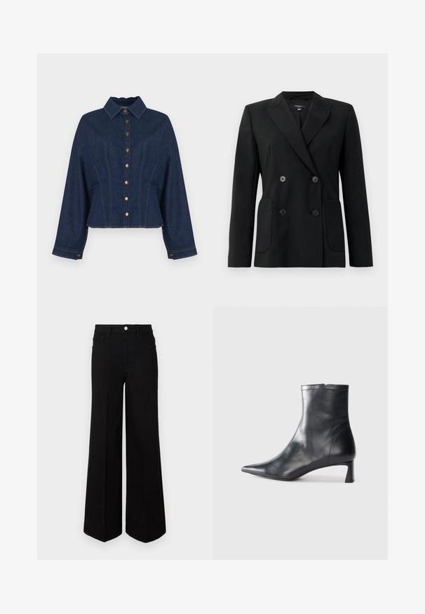 Crni dvostruki sako od čvrstog materijala, s reverima, dva prednja džepa i četiri crna dugmeta.; Tamno traper jakna s ovratnikom, prednjim zatvaračem na kopče i dugim rukavima. Ima uski kroj s detaljima bočnih šavova i kontrastnim šavovima.; Crne široke traperice od čvrstog materijala, s visokim strukom, prednjim džepovima i prednjim kopčanjem na dugme. Ravni rub na dnu.; Crne kožne gležnjače s uskim vrhom i elegantnim dizajnom. Imaju niski potpetak i zatvaranje na patentni zatvarač straga. Glatka tekstura.