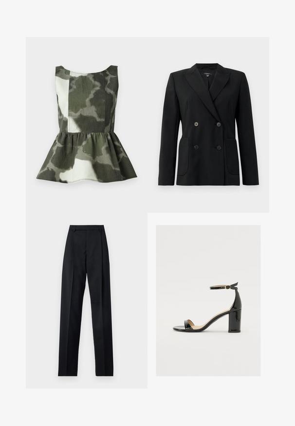 Svart dubbelknäppt blazer i strukturerad tyg, med snedskärning på slag, två framfickor och fyra svarta knappar.; Peplumtop i kamouflage-mönstrad tyg i gröna och beiga nyanser, med en åtsittande liv och en utsvängd volangslor.; Svarta byxor i mjukt tyg med hög midja, vida ben, framfickor och klassiska bältesöglor. Inga sidofickor synliga.; Svart lacklädersandal med bred klack, öppen tå och ankelsnöre med ett gyllene spänne. Slät textur och elegant design.