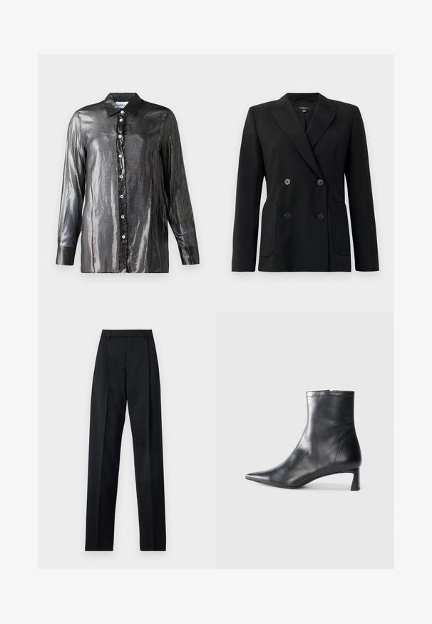 Blazer nero doppiopetto realizzato in tessuto strutturato, con rever a forma di pescante, due tasche frontali e quattro bottoni neri.; Camicia nera lucida con una texture brillante, maniche lunghe e colletto classico. Presenta bottoni bianchi lungo la parte anteriore.; Pantaloni neri realizzati in tessuto morbido, caratterizzati da vita alta, gambe larghe, pince frontali e classiche passanti per cintura. Non ci sono tasche laterali visibili.; Stivaletto in pelle nera con punta affusolata e design elegante. Presenta un tacco basso e una chiusura con zip sul retro. Texture liscia.