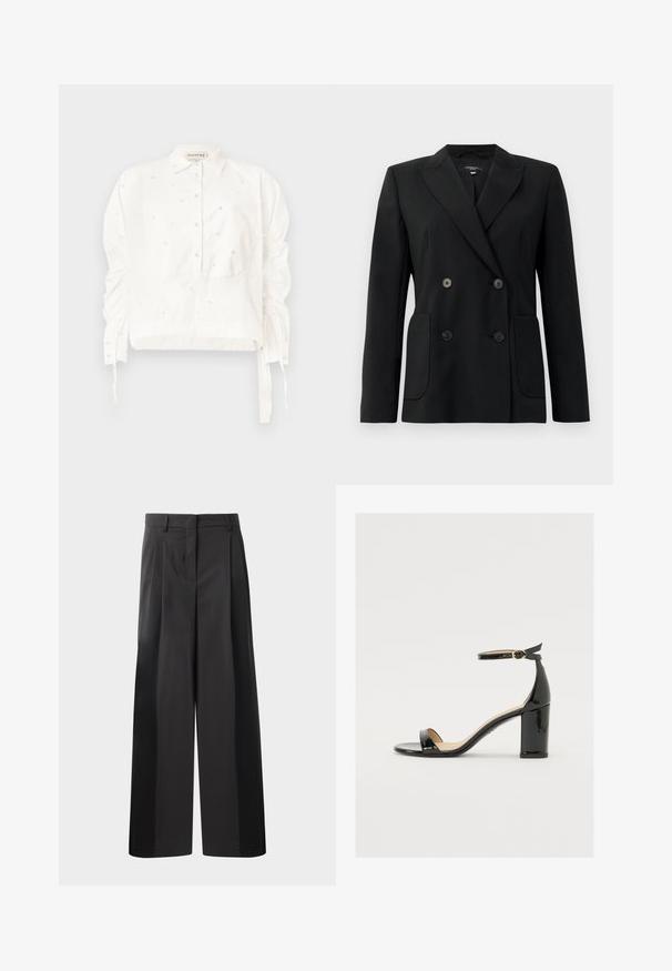 Črn dvoredni blazer iz strukturirane tkanine, z ovratnikom tipa notch, dvema sprednjima žepoma in štirimi črnimi gumbi.; Bela krajša majica iz bombaža, z zapenjanjem spredaj, nabranimi rokavi in dekorativnimi detajli iz perlic po celotni površini.; Črne široke hlače z visokim pasom, z oblikovanimi pregibi spredaj, gladko teksturo in natančno dodelavo. Oblikovane za sproščen fit.; Črne patentirane sandale s široko peto, odprtim prstom in trakovi okoli gležnja, ki imajo zlat zajemalec. Gladka tekstura in eleganten dizajn.
