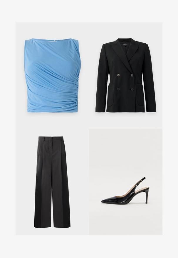 Black double-breasted blazer made of structured fabric, featuring notch lapels, two front pockets, and four black buttons.; Blue sleeveless top made of soft fabric featuring draped ruching on one side, with a round neckline and smooth texture.; Black wide-leg trousers with a high waist, featuring front pleats, a smooth texture, and a tailored finish. Designed for a relaxed fit.; Black patent leather slingback pump with pointed toe, slim heel, and a subtle cutout design. Features a gold buckle on the strap.