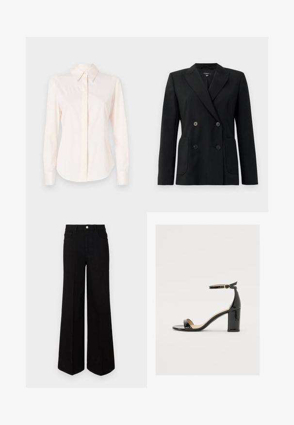 Crni dvostruki sako od čvrstog materijala, s reverima, dva prednja džepa i četiri crna dugmeta.; Svijetlo ružičasta košulja dugih rukava izrađena od glatkog materijala, sa klasičnom ovratnikom i dugmadi, opremljena pripijenim manžetama i krojem po mjeri.; Crne široke traperice od čvrstog materijala, s visokim strukom, prednjim džepovima i prednjim kopčanjem na dugme. Ravni rub na dnu.; Crne lakirane sandale s širokim potpeticama, otvorenim prstima i remenom oko gležnja s zlatnom kopčom. Glatka tekstura i elegantan dizajn.
