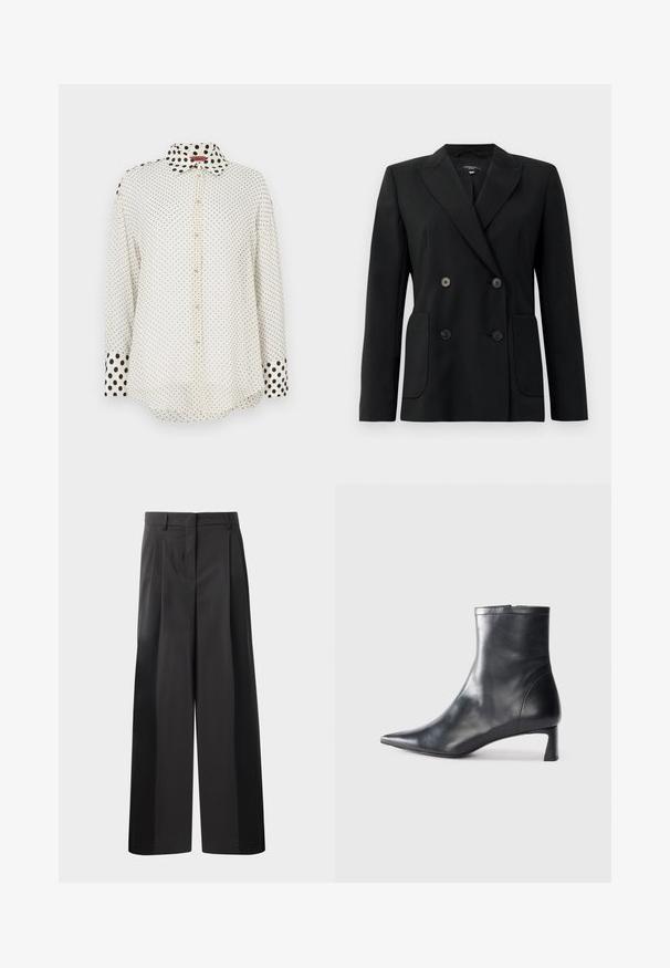 Blazer preto de dupla face feito de tecido estruturado, apresentando lapelas com corte em notch, dois bolsos frontais e quatro botões pretos.; Blusa branca de botões com mangas compridas, pequenos pintas pretas por toda a peça e pintas pretas maiores na gola e nos punhos.; Calças largas pretas com cintura alta, apresentando pregas frontais, uma textura suave e um acabamento cuidado. Desenvolvidas para um ajuste relaxado.; Bota de tornozelo em pele preta com biqueira apontada e um design elegante. Apresenta um salto baixo e um fecho com zipper na parte de trás. Textura suave.