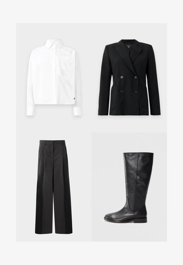 Black double-breasted blazer made of structured fabric, featuring notch lapels, two front pockets, and four black buttons.; White long-sleeve button-up shirt with a pointed collar, single chest pocket, and cuffed sleeves. Made of smooth, lightweight fabric.; Black wide-leg trousers with a high waist, featuring front pleats, a smooth texture, and a tailored finish. Designed for a relaxed fit.; Black knee-high leather boot with a low heel and rounded toe, showing stitching details along the shaft and vamp.