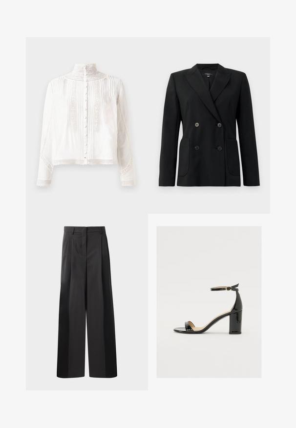 Svart dubbelknäppt blazer i strukturerad tyg, med snedskärning på slag, två framfickor och fyra svarta knappar.; Vit blus med hög krage, långa ärmar, vertikala veck, spetsdetaljer och knäppning framtill. Lättviktig tyg med halvgenomskinlig textur.; Svarta byxor med vida ben och hög midja, med framveck, en slät textur och en skräddarsydd finish. Designade för en avslappnad passform.; Svart lacklädersandal med bred klack, öppen tå och ankelsnöre med ett gyllene spänne. Slät textur och elegant design.