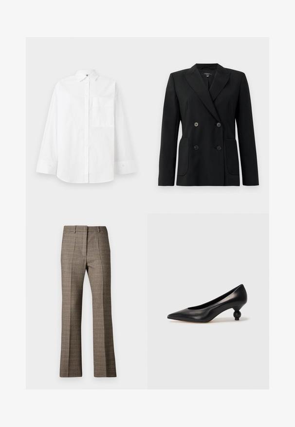 Čierny dvojradový blejzer vyrobený z pevnej látky, s klopami, dvoma prednými vreckami a štyrmi čiernymi gombíkmi.; Biela košeľa na gombíky z bavlny. Má dlhé rukávy, golier a jednu náprsné vrecko. Hladká textúra, klasický dizajn.; Hnedé kárované nohavice so strihom rovného nohu, s textúrovanou tkaninou a jemnými farbami béžovej a tmavších hnedých odtieňov v celom vzore.; Čierna kožená vysoká topánka na podpätku s ostrým špičkou a okrúhlym, guľatým podpätkom. Hladký povrch s moderným, minimalistickým dizajnom.