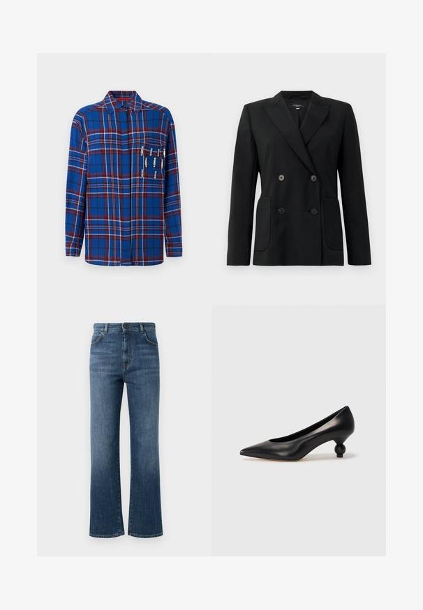 Zwarte dubbelgebreide blazer van gestructureerde stof, met notch revers, twee voord pockets en vier zwarte knopen.; Blauwe geruite long-sleeve shirt met rode en witte accenten, inclusief decoratieve veiligheidsspeldjes op de borstzak, met een collared ontwerp.; Donkerblauwe denim jeans met een rechte pijp, vijf zakken, knoopsluiting en subtiele stiksels.; Zwarte leren hoge hak schoen met een spitse neus en een ronde, bolle hak. Gladde textuur met een elegant, minimalistisch ontwerp.