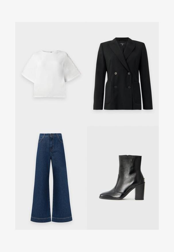 Zwarte dubbelgebreide blazer van gestructureerde stof, met notch revers, twee voord pockets en vier zwarte knopen.; Witte korte mouwtop met een ronde halslijn en kantaccenten op de mouwen. Gemaakt van een soepele stof, met een iets cropped snit.; Brede blauwe denimjeans met een hoge taille, voorzien van een knoopsluiting, riemlussen en subtiele stikdetails langs de zakken en zoom.; Zwarte leren enkelboot met een gladde textuur, spitse neus en een gedurfde hoge hak. Beschikt over een zijopening en een minimalistisch ontwerp.