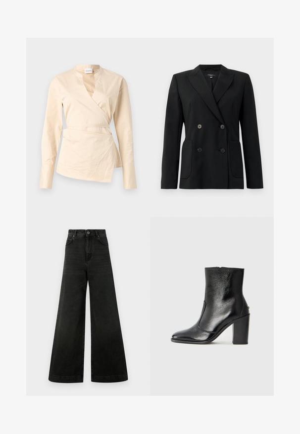 Black double-breasted blazer made of structured fabric, featuring notch lapels, two front pockets, and four black buttons.; Beige wrap shirt made from cotton, featuring long sleeves, a deep V-neck, and a side tie detail for shape and structure.; High-waisted, wide-leg jeans in dark black denim. Features include a button closure, front pockets, and a smooth texture with minimal fading.; Black leather ankle boot with a smooth texture, pointed toe, and a chunky high heel. Features a side opening and minimalistic design.