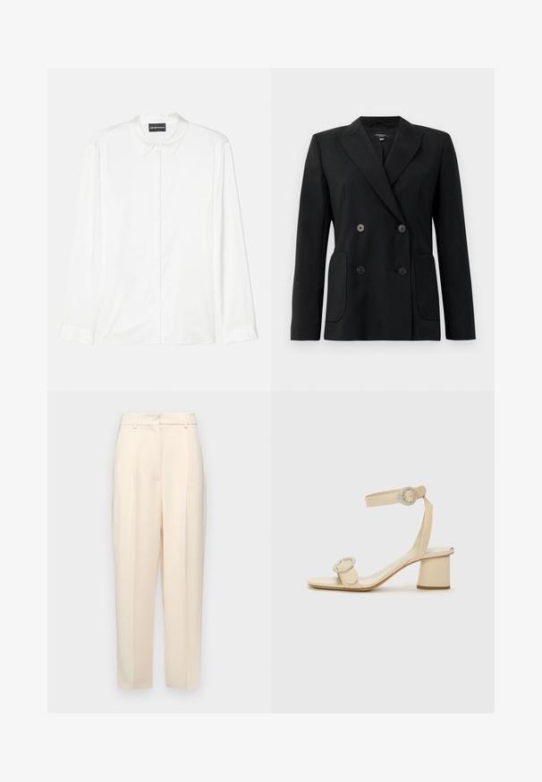 Fekete, kétsoros zakó, amely strukturált anyagból készült, kihajtott gallérral, két elülső zsebbel és négy fekete gombbal rendelkezik.; Fehér, hosszú ujjú ing sima anyagból, klasszikus gallérral, gombos elülső résszel és egyszerű mandzsettákkal, tiszta, minimalista dizájnnal.; Beige, egyenes szabású testre szabott nadrág, elöl plisszírozással, sima textúrával és közepes derékkal. Nincsenek látható zsebek.; Krémszínű, magassarkú szandál, minimalista dizájnnal, két kör alakú díszítéssel és vastag sarokkal. Simító bőrből készült.