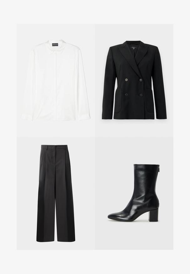 Blazer nero doppiopetto realizzato in tessuto strutturato, con rever a forma di pescante, due tasche frontali e quattro bottoni neri.; Camicia bianca a maniche lunghe realizzata in tessuto liscio, con colletto classico, abbottonatura frontale e polsini semplici, dal design pulito e minimalista.; Pantaloni neri a gamba larga con vita alta, caratterizzati da pieghe frontali, una texture liscia e una finitura sartoriale. Progettati per un fit rilassato.; Stivale alla caviglia in pelle nera con punta affusolata e tacco a blocco di 4 cm. Design elegante con cerniera laterale per una facile calzata. Tessuto liscio.