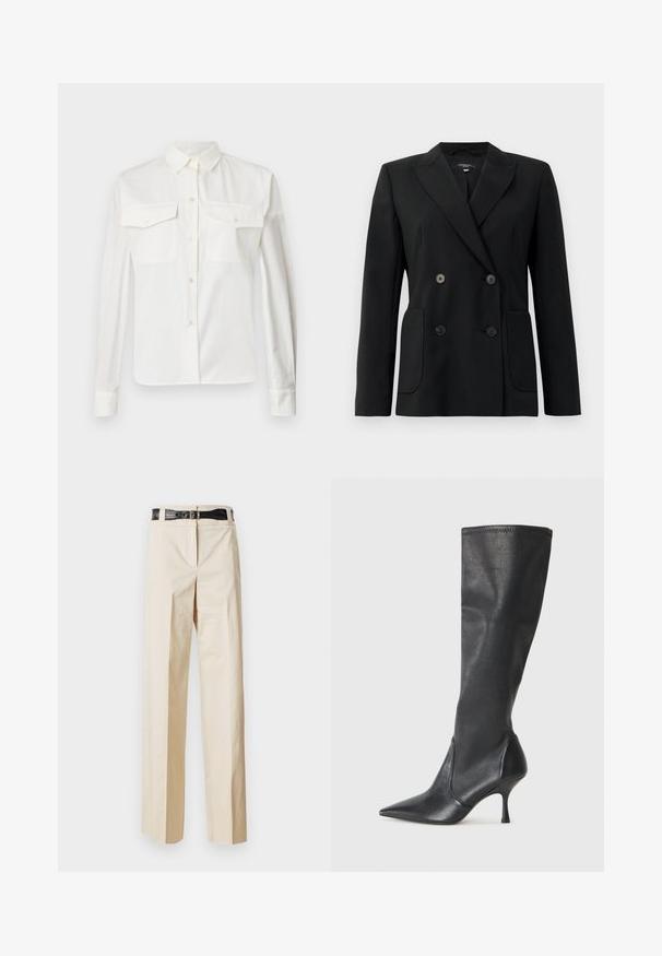Czarna podwójnie zapinana marynarka z wytrzymałego materiału, z klapami w kształcie klina, dwiema przednimi kieszeniami i czterema czarnymi guzikami.; Biała bawełniana koszula z długim rękawem, z kołnierzykiem w szpic, dwoma kieszeniami z przodu i zapięciem na guziki. Charakteryzuje się gładką teksturą i dopasowanym krojem.; Beżowe spodnie szerokie o gładkiej fakturze z czarnym paskiem w krokodyli wzór w talii. Prosty design bez dodatkowych ozdób.; Czarne skórzane botki do kolan z ostrym noskiem i wąskim obcasem w szpilkę. Gładka tekstura z dopasowanym krojem i przeszyciem na górnej krawędzi.