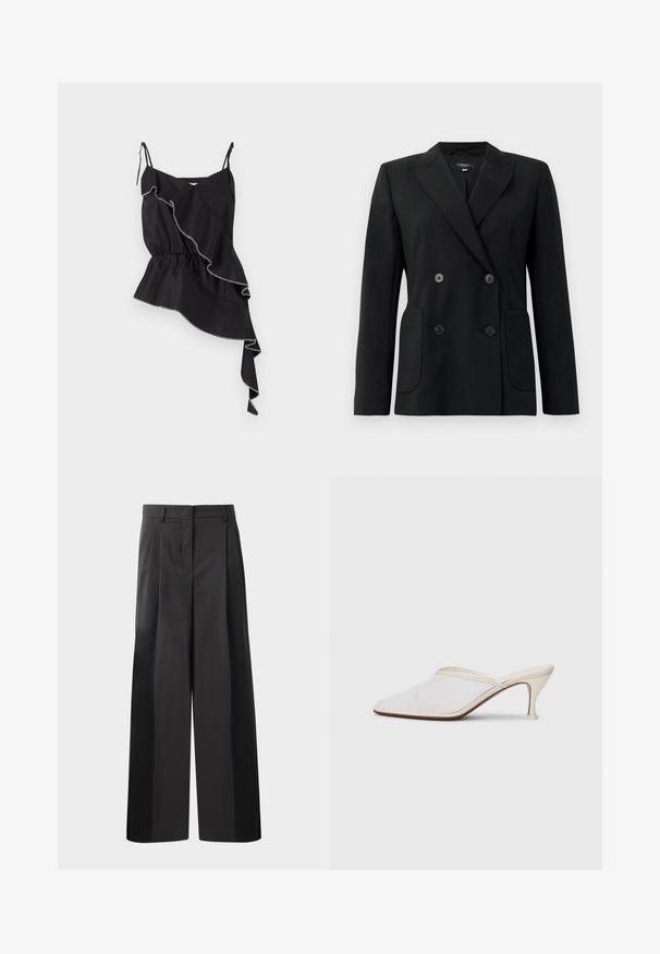 Blazer nero doppiopetto realizzato in tessuto strutturato, con rever a forma di pescante, due tasche frontali e quattro bottoni neri.; Top senza maniche nero con design asimmetrico arricciato, vita arricciata e cuciture bianche a contrasto che mettono in risalto i bordi.; Pantaloni neri a gamba larga con vita alta, caratterizzati da pieghe frontali, una texture liscia e una finitura sartoriale. Progettati per un fit rilassato.; Mule bianco in rete con punta appuntita, tacco medio sottile e design slip-on su uno sfondo semplice.