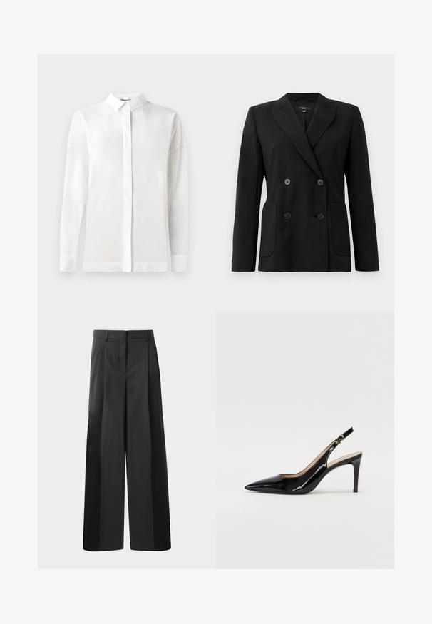 Musta kaksirivinen bleiseri, joka on valmistettu jämäkästä kankaasta ja jossa on asetelmalapelit, kaksi etutaskua ja neljä mustaa nappia.; Valkoinen pitkähihaiset paita, jossa on nappien kanssa kiinnitettävä kaulus, sileä pinta, suora leikkaus ja piilotettu nappilista. Pehmeää, kevyttä kangasta ilman kuvioita.; Mustat, leveälahkeiset housut korkealla vyötäröllä, etupleiteillä, sileällä pinnalla ja huolitellulla viimeistelyllä. Suunniteltu rentoon istuvuuteen.; Musta lakattu nahkainen slingback-korkokenkä, jossa on terävä kärki, kapea korko ja hillitty leikkaussuunnittelu. Varressa on kultainen solki.