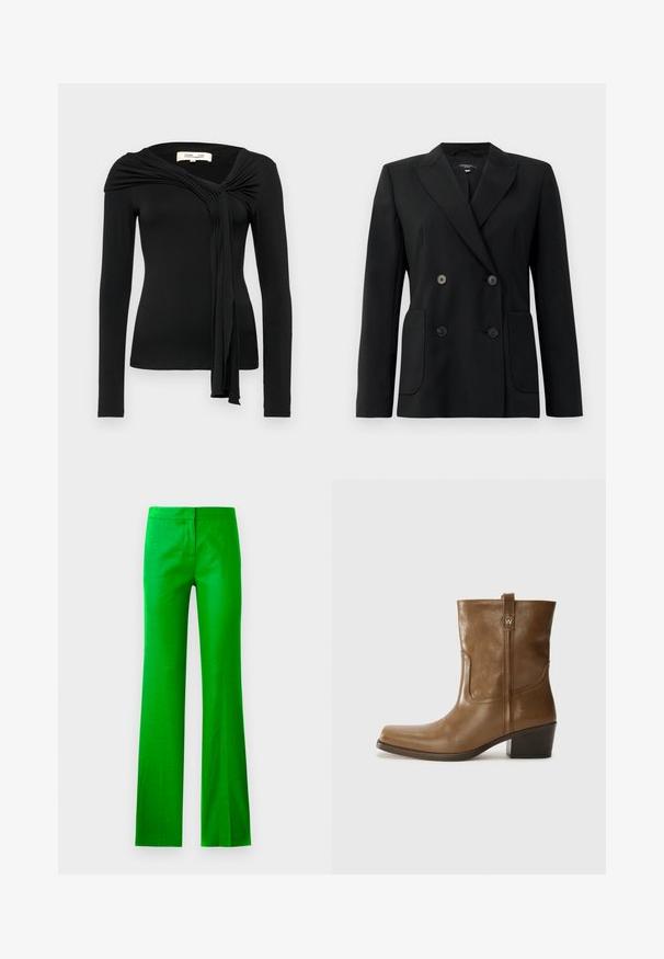 Black double-breasted blazer made of structured fabric, featuring notch lapels, two front pockets, and four black buttons.; Diane von Furstenberg TWILA - Blouse - black; Bright green, flared trousers made of a smooth fabric, featuring a flat front and no visible pockets. Clean, minimalistic design.; Brown leather ankle boot with a square toe, textured finish, and a low stacked heel. Features a rear pull tab and subtle stitching details.