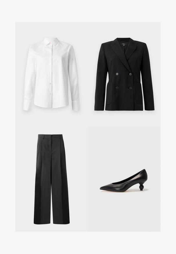 Fekete, kétsoros zakó, amely strukturált anyagból készült, kihajtott gallérral, két elülső zsebbel és négy fekete gombbal rendelkezik.; Fehér, hosszú ujjú, gombos ing, sima pamut anyagból készült, klasszikus gallérral és kis gombokkal az elülső részén.; Fekete, bő szárú nadrág magas derékkal, elöl plissékkel, sima felülettel és igényes kidolgozással. Kényelmes viseletre tervezve.; Fekete bőr magassarkú cipő, hegyes orral és kerek, gömbölyű sarokkal. Simább textúrával, elegáns, minimalista dizájnnal.
