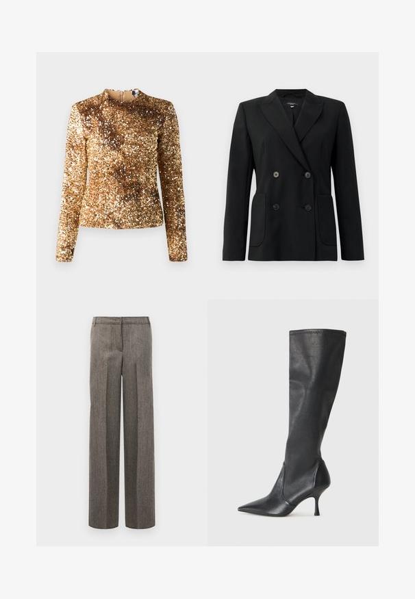 Mustvalge topeltkinnitatud bleiser, mis on valmistatud jäigast kangast, millel on kraed, kaks esist pocketit ja neli musta nööpi.; Kuldne paljettidega pikka varrukat ja kõrge kaelusega pluus, mis on keha lähedal istuv. Ühtlane tekstuur, ühtlane särav muster, varjatud tagaosal olev lukustus.; Hallitus mustriline pükste disain, laiad sääred ja sile tekstuur, millel on lame esiosa ja vöökohad.; Knee-high mustad nahksaapad terava nina ja kitsaste stiilsete kontsadega. Sile tekstuur sobiva disainiga ja õmblused ülemisel serval.