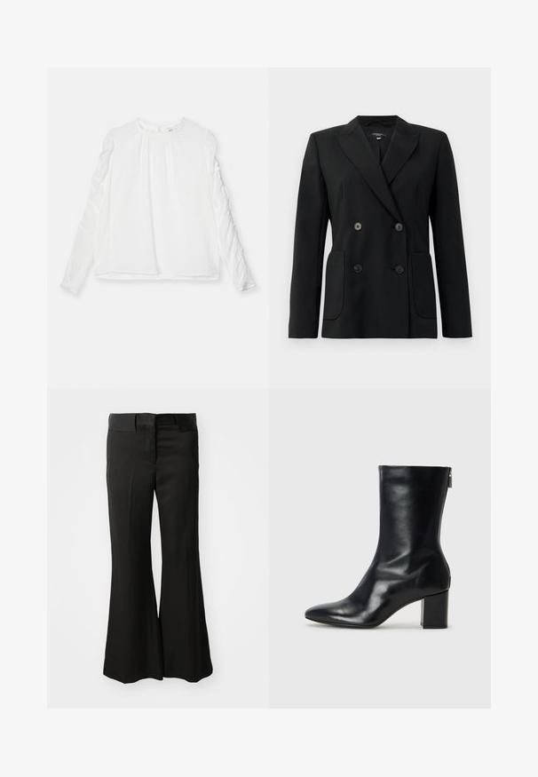 Black double-breasted blazer made of structured fabric, featuring notch lapels, two front pockets, and four black buttons.; White long-sleeve top with a round neckline and gathered detailing on sleeves. Made of lightweight fabric with a flowing fit.; Black flared trousers made from a smooth material, featuring a mid-rise waistband and a clean, tailored design with no visible embellishments.; Black leather ankle boot with a pointed toe and 4 cm block heel. Sleek design features a side zipper for easy wear. Smooth texture.