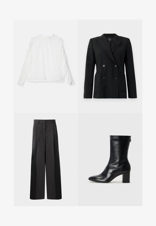Blazer negro de doble botonadura, hecho de una tela estructurada, con solapas de muesca, dos bolsillos frontales y cuatro botones negros.; Top blanco de manga larga con escote redondo y detalles fruncidos en las mangas. Fabricado con una tela ligera que ofrece un ajuste fluido.; Pantalones de pierna ancha negros con cintura alta, que presentan pliegues en la parte delantera, una textura suave y un acabado a medida. Diseñados para un ajuste relajado.; Bota de cuero negro hasta el tobillo con punta afilada y tacón de bloque de 4 cm. Su diseño elegante incluye una cremallera lateral para facilitar su uso. Textura suave.