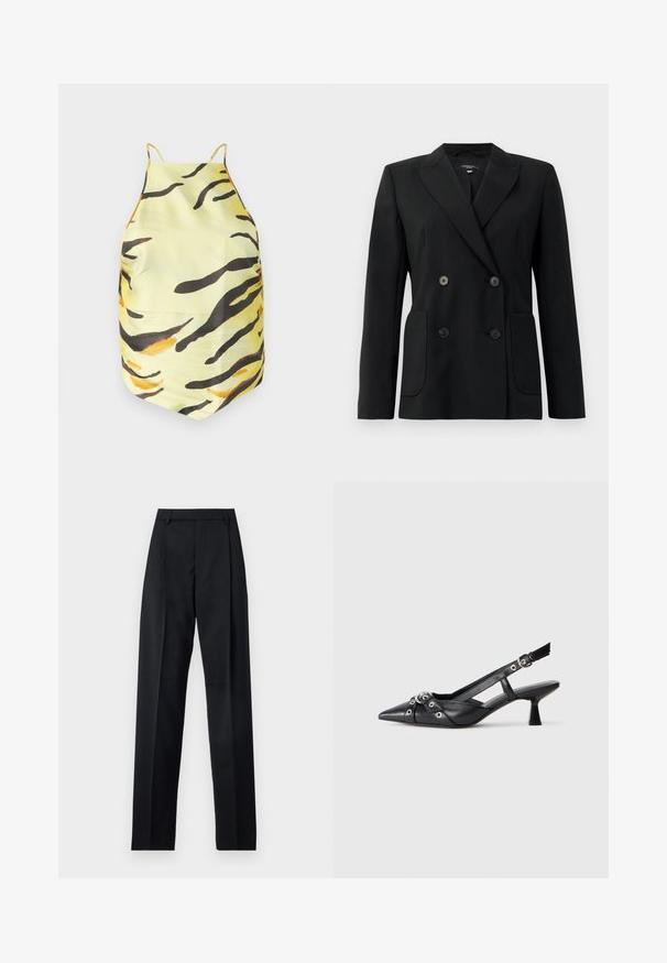 Zwarte dubbelgebreide blazer van gestructureerde stof, met notch revers, twee voord pockets en vier zwarte knopen.; Geel stoffen top met een tijgerstreep patroon in zwart en oranje, voorzien van dunne banden en een getailleerd ontwerp. Gladde textuur, geen zichtbare bevestigingen.; Zwarte broek gemaakt van gladde stof met een hoge taille, wijde benen, voorplooien en klassieke ceintuurlussen. Geen zijzakken zichtbaar.; Zwarte leren slingback schoen met een puntige neus, decoratieve banden met metalen oogjes en een lage blokhak. Textuur oppervlak.
