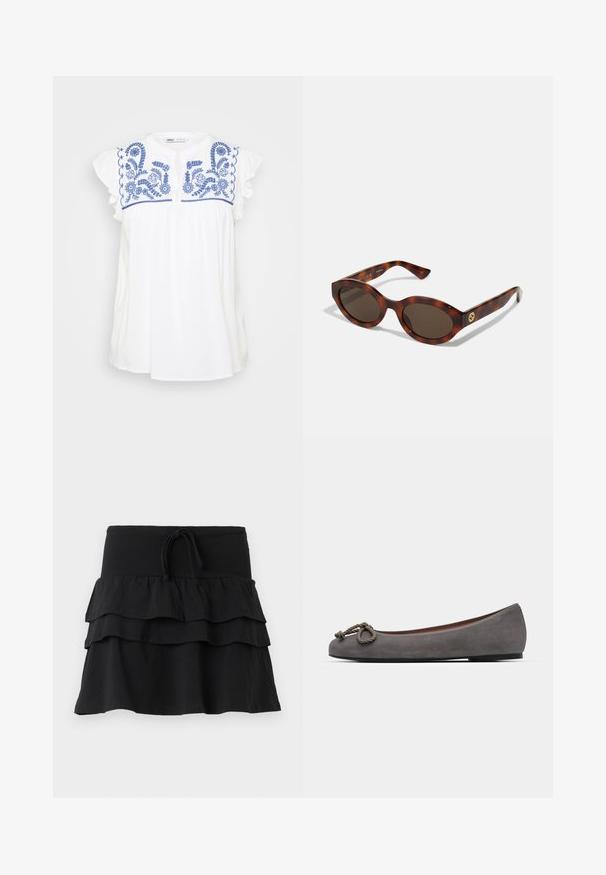 Schwarzer, doppelt gefütterter Blazer aus strukturiertem Stoff, mit Reverskragen, zwei Vordertaschen und vier schwarzen Knöpfen.; Weiße Baumwollbluse mit blauer Blumenstickerei und Rüschensäumen. Hat einen runden Ausschnitt und einen lockeren Schnitt.; Schwarzer Rock mit einem gestuften Design, der aus zwei rüschengeschmückten Lagen und einem Kordelzugbund besteht. Hergestellt aus weichem Stoff für optimalen Tragekomfort.; Graue Wildleder-Balletschuhe mit einer runden Zehenpartie, die vorne mit einem dekorativen Seilknoten und einem dünnen kontrastierenden Rand entlang der Oberseite verziert sind.; Schildpatt-Sonnenbrillen mit runden Rahmen, dunklen Gläsern und goldfarbener Logodetailierung an den Schläfen. Glattes Kunststoffmaterial, keine sichtbaren Muster.; Goldener Perlenring mit einem kreisförmigen Design und gleichmäßig verteilten glänzenden runden Perlen, die ein glattes, strukturiertes Aussehen erzeugen.