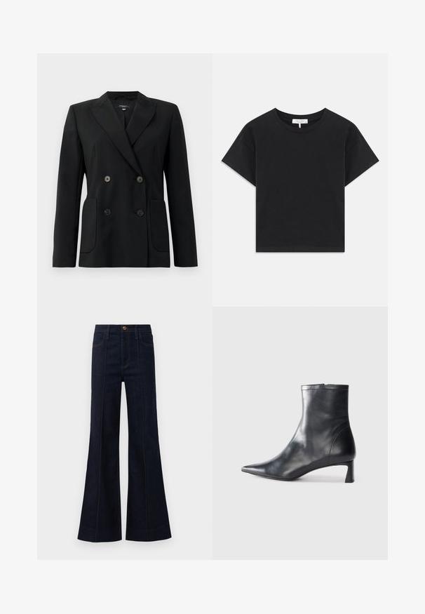 Black double-breasted blazer made of structured fabric, featuring notch lapels, two front pockets, and four black buttons.; Black cropped t-shirt made of cotton, featuring a round neckline, short sleeves, and a simple design with no patterns or embellishments.; Dark blue denim flared jeans with a high waist, front pockets, and visible stitching. The fabric has a smooth texture and structured shape.; Black leather ankle boot with a pointed toe and a sleek design. Features a low heel and a zipper closure at the back. Smooth texture.