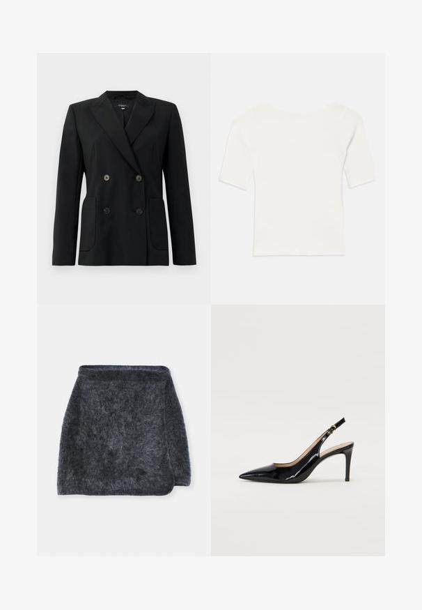 Juodas dvigubas švarkas, pagamintas iš struktūruotos medžiagos, su išpjautomis atlapomis, dviem priekinėmis kišenėmis ir taisyklingais juodais mygtukais.; Balta raukšlėta trumpomis rankovėmis palaidinė su plačiu kaklu. Tekstūra turi vertikalias juosteles, pabrėžiančias tvirtą prigludimą ir paprastą dizainą.; Plonas tamsiai pilkas sijonas su minkšta tekstūra, šiek tiek platėjančiu dizainu ir kreivu kraštu. Audinys atrodo šiltas ir jaukus.; Juodas lakinės odos slingback batelis su smailiu nosiu, plonu kulnu ir subtiliu išpjovos dizainu. Yra auksinė sagtis ant dirželio.