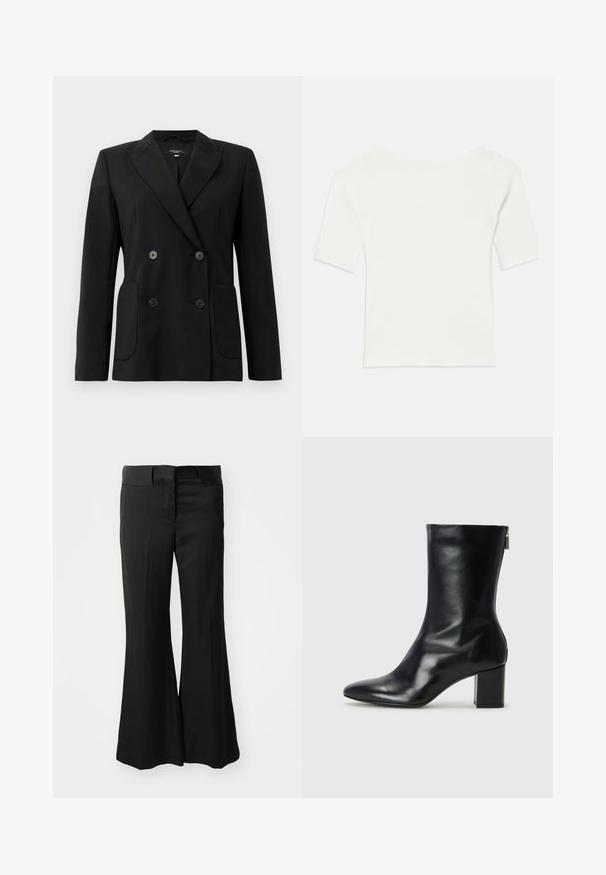 Blazer noir croisé en tissu structuré, avec des revers en pointe, deux poches avant et quatre boutons noirs.; Haut blanc à col large et à manches courtes avec une texture côtelée. Les rayures verticales mettent en valeur une coupe ajustée et un design simple.; Pantalons évasés noirs en matériau lisse, avec une taille mi-haute et un design épuré et ajusté sans ornements visibles.; Bottine en cuir noir avec un bout pointu et un talon carré de 4 cm. Design élégant avec une fermeture éclair sur le côté pour un enfilage facile. Texture lisse.