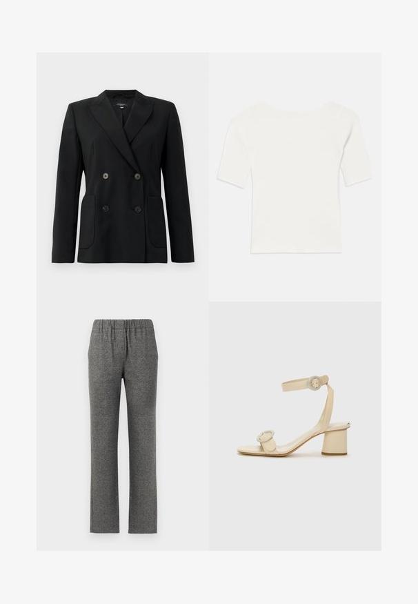 Schwarzer, doppelt gefütterter Blazer aus strukturiertem Stoff, mit Reverskragen, zwei Vordertaschen und vier schwarzen Knöpfen.; Weißes, geripptes Kurzarmoberteil mit weitem Ausschnitt. Die Textur weist vertikale Streifen auf, die eine eng anliegende Passform und ein einfaches Design betonen.; Graue, strukturierte Hose mit elastischem Bund und geradem Bein. Verfügt über ein subtile Muster für zusätzlichen visuellen Reiz.; Beige High Heelsandalen mit minimalistischen Design, ausgestattet mit zwei runden Akzenten und einem klobigen Absatz. Hergestellt aus glattem Leder.