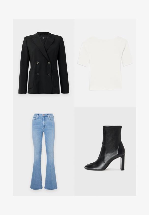 Zwarte dubbelgebreide blazer van gestructureerde stof, met notch revers, twee voord pockets en vier zwarte knopen.; Witte ribben top met korte mouwen en een brede hals. De textuur heeft verticale strepen, die een snug fit en eenvoudig ontwerp benadrukken.; Lichtblauwe flare jeans met een hoge taille, gemaakt van denimstof, met voorzakken en een subtiele vervaagde textuur.; Zwarte leren enkelboot met een slank ontwerp, spitse neus en hoge blokhak. Heeft een gladde textuur en minimalistische stikseldetails.