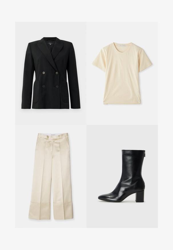 Čierny dvojradový blejzer vyrobený z pevnej látky, s klopami, dvoma prednými vreckami a štyrmi čiernymi gombíkmi.; Krémové tričko vyrobené z mäkkej, ľahkej bavlny, s krátkymi rukávmi a okrúhlym výstrihom. Bez viditeľných vzorov alebo akcentov.; Béžové nohavice s širokými nohavicami vyrobené z hladkej tkaniny, s vysokým pásom, prehnutým predným dielom a zloženým lemom, obsahujú bočné vrecká a čistý finiš.; Čierne kožené členkové topánky s špicatou špičkou a blokovým podpätkom vysokým 4 cm. Elegantný dizajn obsahuje bočný zips pre jednoduché obúvanie. Hladká textúra.