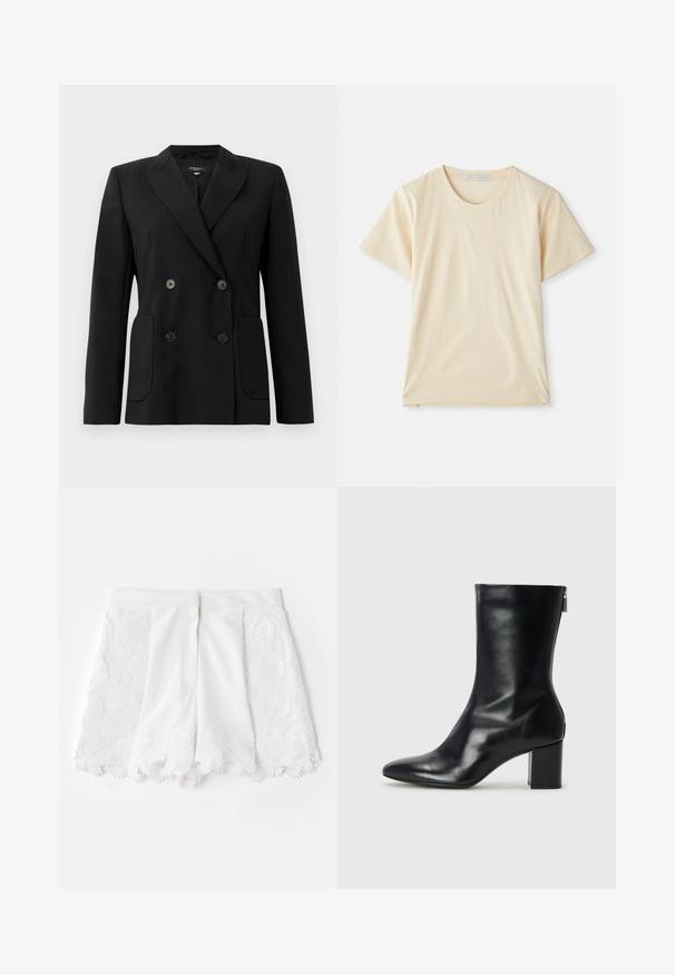 Melnā dubultā jaciņa, kas izgatavota no strukturēta auduma, ar griezumiem pie apkakles, divām priekšējām kabatām un četriem melniem pogām.; Krēmkrāsas T-krekls, izgatavots no mīksta, viegla kokvilnas auduma, ar īsām piedurknēm un apaļu kakla izgriezumu. Nav redzamu rakstu vai akcentu.; Baltas šorts, kas iezīmēti ar teksturētu izšuvuma dizainu gar malām un viļņotu apakšmalu. Gluda auduma ar dekoratīviem pērlīšu akcentiem.; Melna ādas potītes zābaks ar norādītu purngalu un 4 cm bloku papēdi. Gluds dizains ar sānu rāvējslēdzēju vieglai uzvilkšanai. Gluda tekstūra.