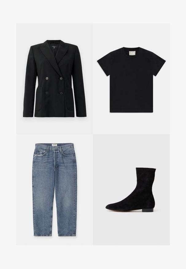 Black double-breasted blazer made of structured fabric, featuring notch lapels, two front pockets, and four black buttons.; Black short-sleeve crew neck t-shirt with a white tag inside the collar labeled "D.R.C. EST. 2002" on a white background.; Light blue high-waisted jeans made of denim featuring a straight-leg cut, distressed accents, and classic five-pocket design.; Black suede ankle boot with a fitted shaft, pointed toe, and a low block heel. Smooth texture and minimalistic design, suitable for versatile styling.
