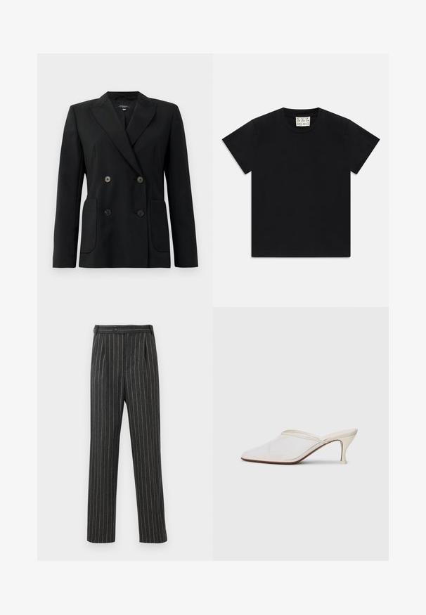 Blazer noir croisé en tissu structuré, avec des revers en pointe, deux poches avant et quatre boutons noirs.; T-shirt noir à manches courtes avec col rond, portant une étiquette blanche à l'intérieur du col étiquetée "D.R.C. EST. 2002" sur fond blanc.; Pantalons rayés gris en tissu tissé. Dotés d'une taille haute, de plis avant et d'une coupe droite. Fermeture à bouton standard.; Mule blanches en mesh avec un bout pointu, un talon moyen élancé et un design à enfiler, sur un fond uni.