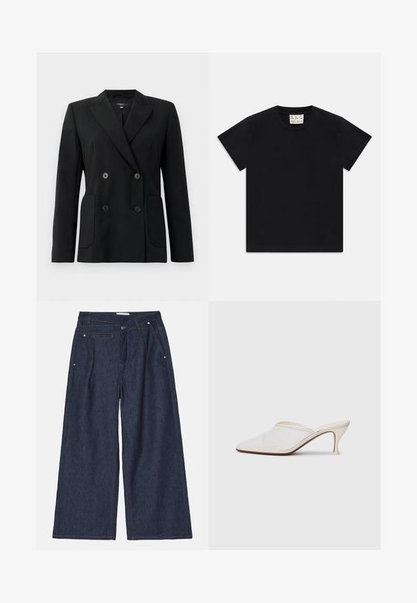 Black double-breasted blazer made of structured fabric, featuring notch lapels, two front pockets, and four black buttons.; Black short-sleeve crew neck t-shirt with a white tag inside the collar labeled "D.R.C. EST. 2002" on a white background.; MUNTHE SHELLIE - Relaxed fit jeans - indigo; White mesh pointed-toe mule with a slim mid-height heel and slip-on design against a plain background.