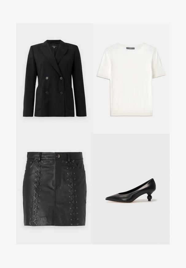 Blazer nero doppiopetto realizzato in tessuto strutturato, con rever a forma di pescante, due tasche frontali e quattro bottoni neri.; Top corto a maniche corte di colore bianco, in maglia, con scollatura rotonda. Presenta una texture liscia e accenti a coste sottili sulle maniche e sull'orlo.; Gonna mini in pelle nera con dettagli allacciati sui lati con occhielli in metallo, design a cinque tasche e silhouette aderente.; Scarpa con tacco alto in pelle nera, con punta affilata e tacco arrotondato e bombato. Texture liscia con un design elegante e minimalista.