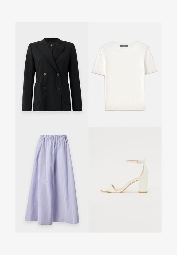 Černý dvouřadý blazer vyrobený z pevných tkanin, s klopovými límci, dvěma předními kapsami a čtyřmi černými knoflíky.; Bílý pletený top s krátkým rukávem a kulatým výstřihem, s hladkou strukturou a jemnými ribovými akcenty na rukávech a lemu.; Levandulová sukni s širokými nohavicemi vyrobená z lehkého materiálu, s elastickým pasem, hladkou texturou a splývavým střihem.; Bílé kožené sandály na blokovém podpatku s ankle strapem a přezkou, minimalistický design. Otevřená špička a hladké textura po celém povrchu.