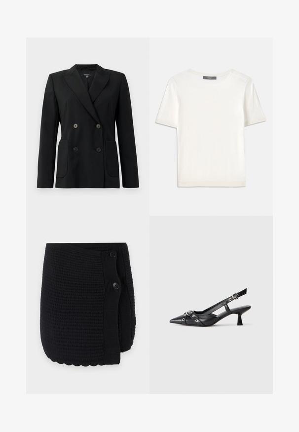 Črn dvoredni blazer iz strukturirane tkanine, z ovratnikom tipa notch, dvema sprednjima žepoma in štirimi črnimi gumbi.; Bela kratka pletena majica s kratkimi rokavi in okroglim izrezom, ki ima gladko teksturo in subtilne rebrovane detajle na rokavih in robu.; Črn pleten ovitek z teksturiranim vzorcem, valovitim robom in dvema velikima gumboma za zapiranje. Mehka tkanina s udobnim dizajnom.; Črne usnjene sandale središnje zaponke z ostro konico, okrasnimi trakovi z kovinskimi očesi in nizko blokasto peto. Teksturirana površina.