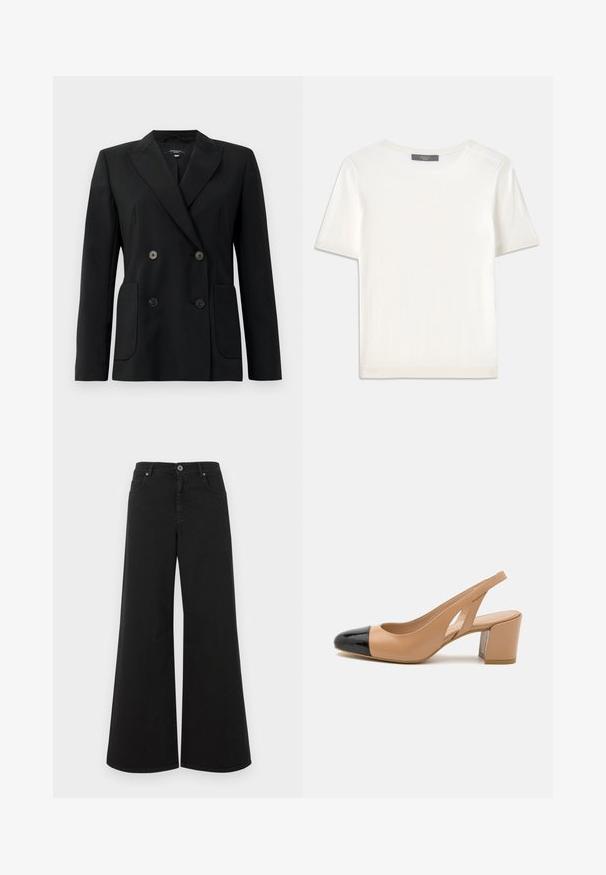 Črn dvoredni blazer iz strukturirane tkanine, z ovratnikom tipa notch, dvema sprednjima žepoma in štirimi črnimi gumbi.; Bela kratka pletena majica s kratkimi rokavi in okroglim izrezom, ki ima gladko teksturo in subtilne rebrovane detajle na rokavih in robu.; Črne široke jeans hlače iz denima, z visokim pasom, petimi žepi, gumbom za zapiranje in čistim zaključkom brez okrasnih elementov.; Bež usnjeni slingback špikasti čevelj z črnimi lakiranim kapicami na prstih, kvadratnim petnim delom, izrezanimi stranicami in teksturiranim podplatom.