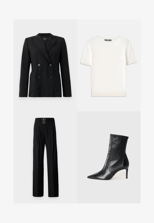 Zwarte dubbelgebreide blazer van gestructureerde stof, met notch revers, twee voord pockets en vier zwarte knopen.; Witte gebreide top met korte mouwen en een ronde halslijn, met een gladde textuur en subtiele ribgebreide accenten bij de mouwen en de zoom.; Zwarte broek met een hoge tailleband en twee rechthoekige gouden gespen, wijdbeenontwerp en een gladde, textuurstof.; Zwarte enkelboots van soepel leer, met een spitse neus, een aangesloten schacht en een slanke hoge hak. Minimalistisch ontwerp zonder zichtbare hardware.
