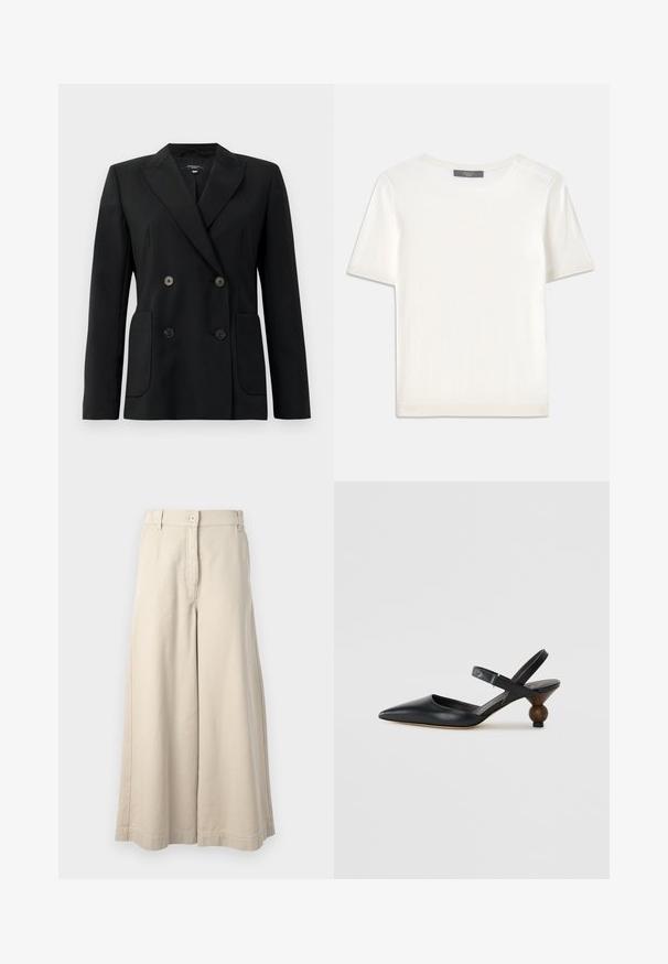 Mustvalge topeltkinnitatud bleiser, mis on valmistatud jäigast kangast, millel on kraed, kaks esist pocketit ja neli musta nööpi.; Valge lühikeste varrukatega soonikutega viimistletud ringkaelusega kampsun, millel on sile tekstuur.; Beezid laiad püksid nupuga sulgemise ja ees olevate taskutega. Valmistatud pehmest puuvillast, omavad kohandatud vöökohta ja puhtaid viimistluse detaile.; Must musta slingback kingad terava varba, kõverdisainiga ja ümar puidust sarnane konts. Omab kitsast pahkluu rihma.