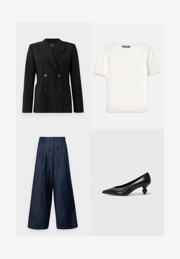 Sort dobbeltradet blazer lavet af struktureret stof, med klapkrave, to forlommer og fire sorte knapper.; Hvid kortærmet strikbluse med rund halsudskæring, der har en glat tekstur og subtile ribbede detaljer ved ærmerne og kanten.; Weekend Max Mara FUXIA - Wide leg - blu; Sort læder høje hæle med spids tå og rund, kugleformet hæl. Glat tekstur med et stilrent, minimalistisk design.