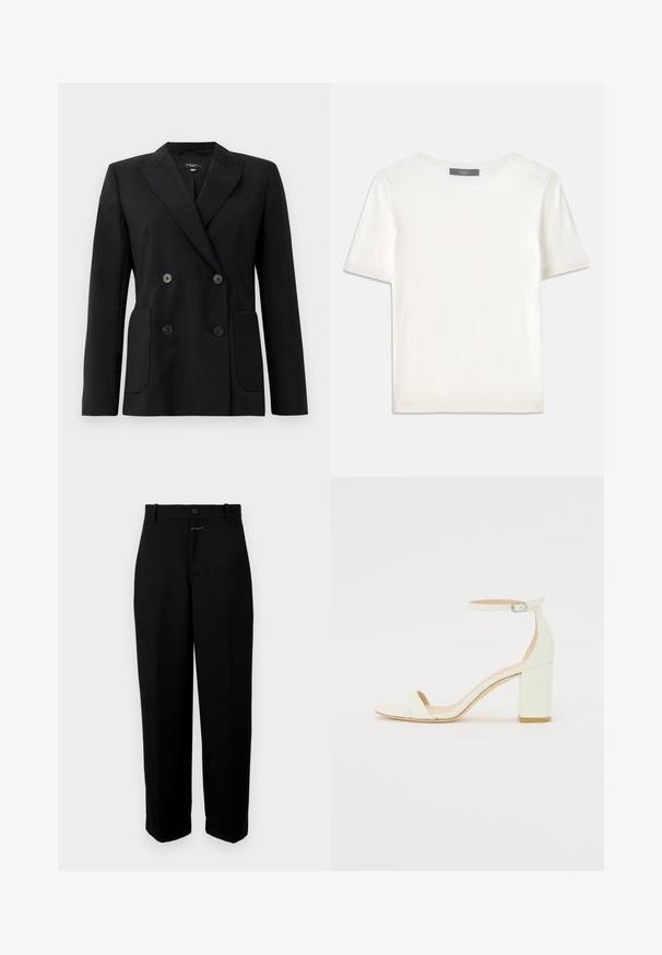 Juodas dvigubas švarkas, pagamintas iš struktūruotos medžiagos, su išpjautomis atlapomis, dviem priekinėmis kišenėmis ir taisyklingais juodais mygtukais.; Baltas trumpas rankovėmis megztinis su apvaliu kaklu, pasižymintis lygia tekstūra ir subtiliais raštuotais akcentais rankovėse bei apykaulyje.; Juodi kelnės, pasiūtos iš lygios medžiagos, su sagčių uždarymu, diržo kilpomis ir tiesiomis kojomis.; Baltos odos blokinio kulno sandalai, su kulkšnies dirželiu ir sagtimi, minimalistinio dizaino. Atvira pirštų dalis ir sklandžios tekstūros visoje.